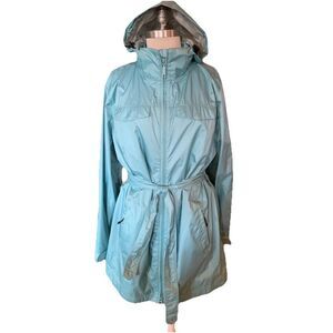 L.L. Bean Rain Jacket Trench Coat Wind Breaker Removable Hood Aqua Blue W/Tie XL